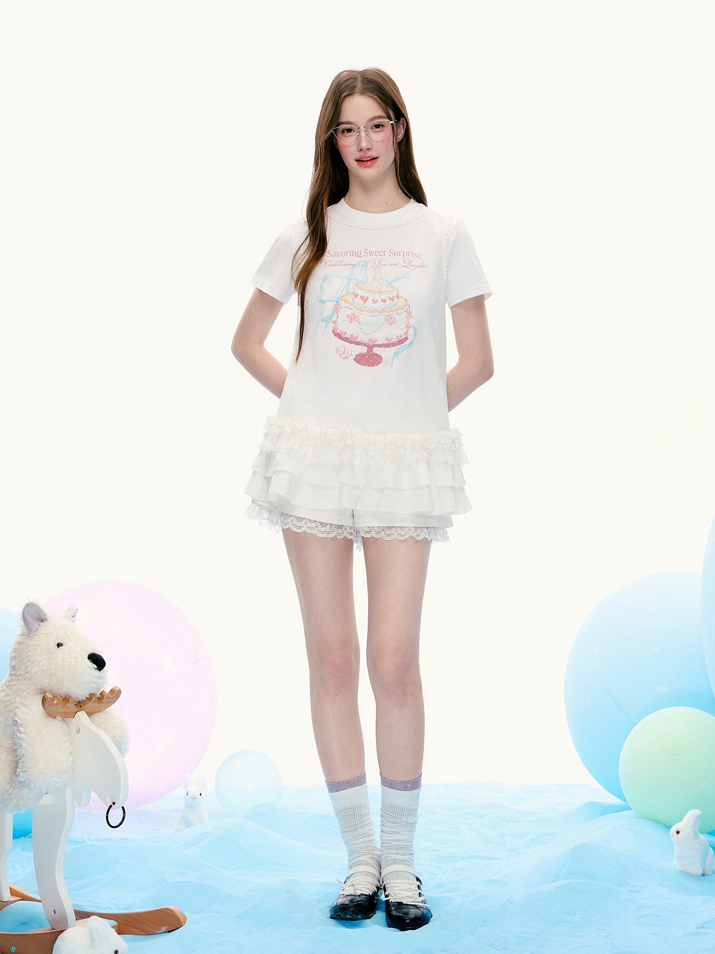 Cake Print T-Shirt & Ruffled Hem Sheer Sleeveless Top