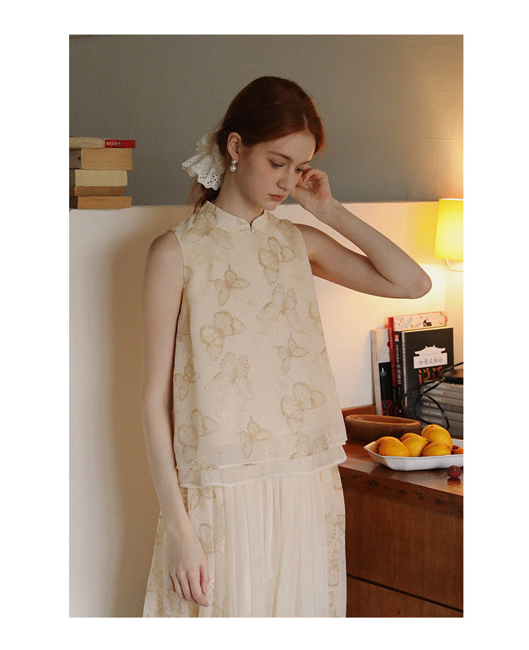 Mandarin Collar Butterfly Print Top & Coordinating Skirt