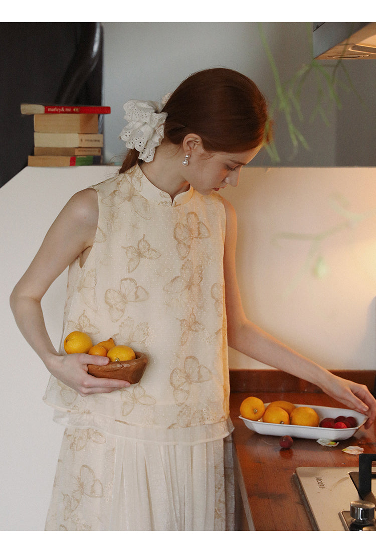 Mandarin Collar Butterfly Print Top & Coordinating Skirt