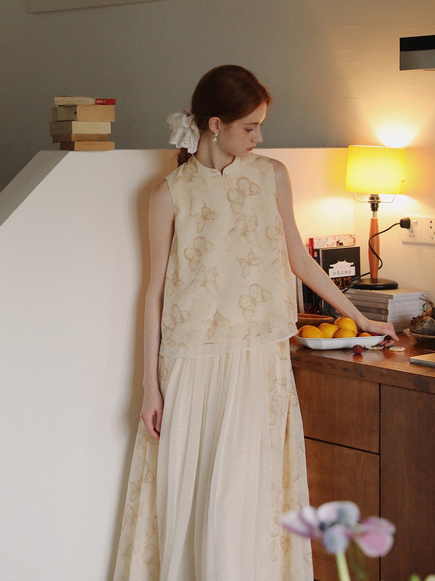 Mandarin Collar Butterfly Print Top & Coordinating Skirt