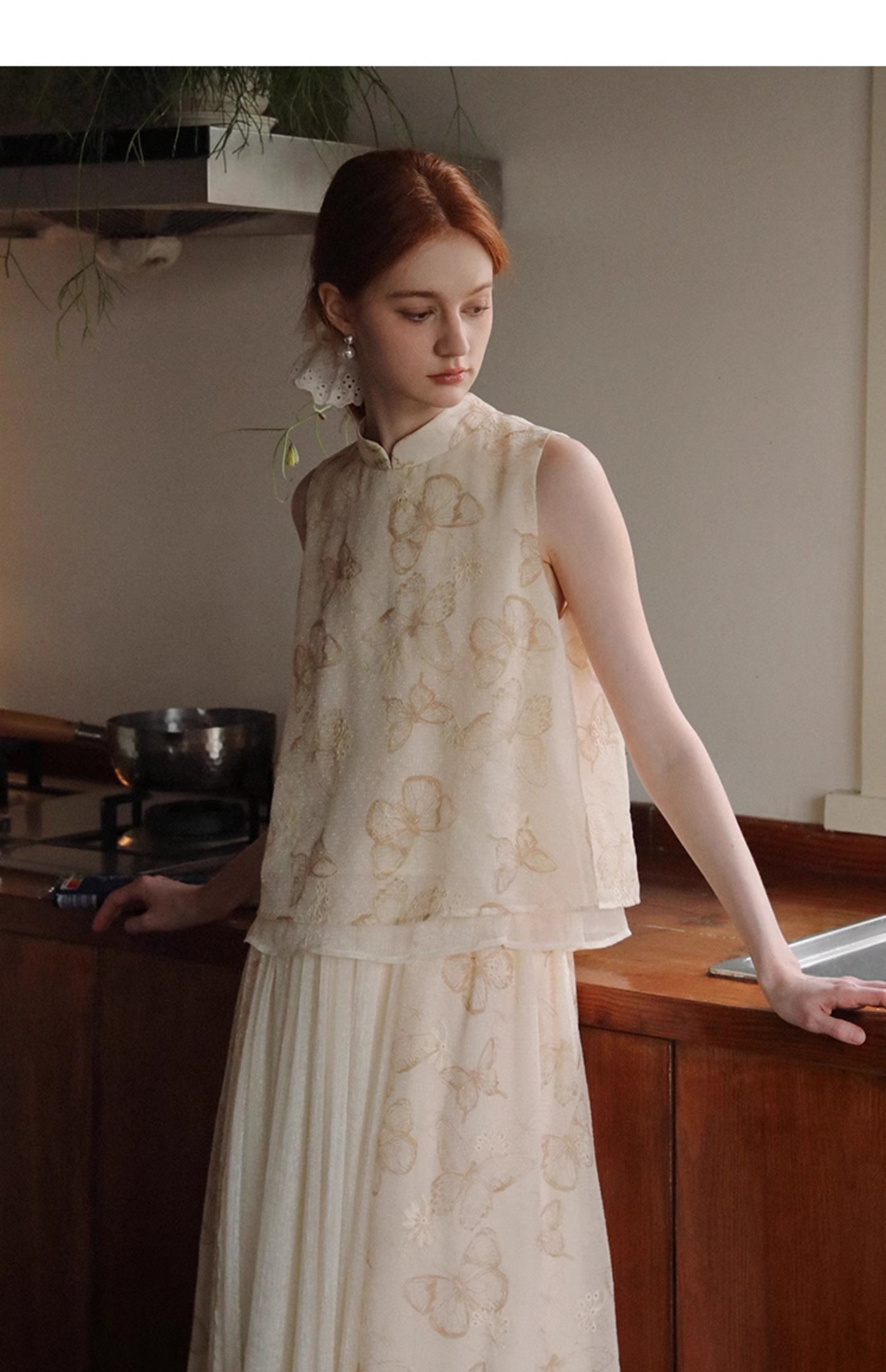 Mandarin Collar Butterfly Print Top & Coordinating Skirt