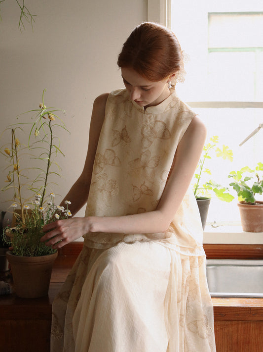 Mandarin Collar Butterfly Print Top & Coordinating Skirt