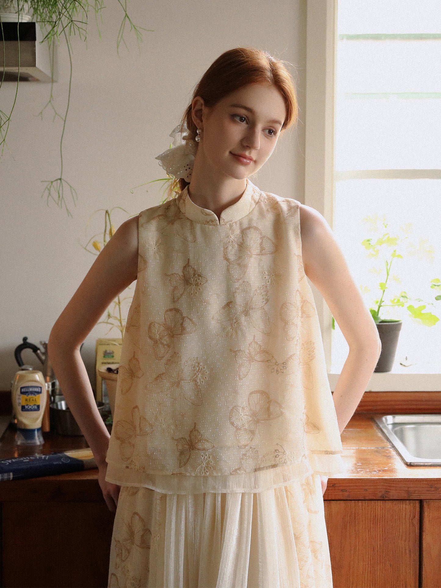 Mandarin Collar Butterfly Print Top & Coordinating Skirt