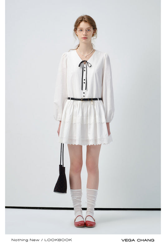 Cotton Puff-Sleeve Collarless Dress With Tie Ribbon