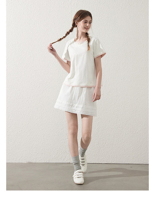 Faux Layered Cotton T-Shirt With Bow