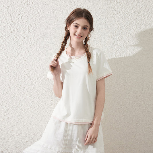 Faux Layered Cotton T-Shirt With Bow