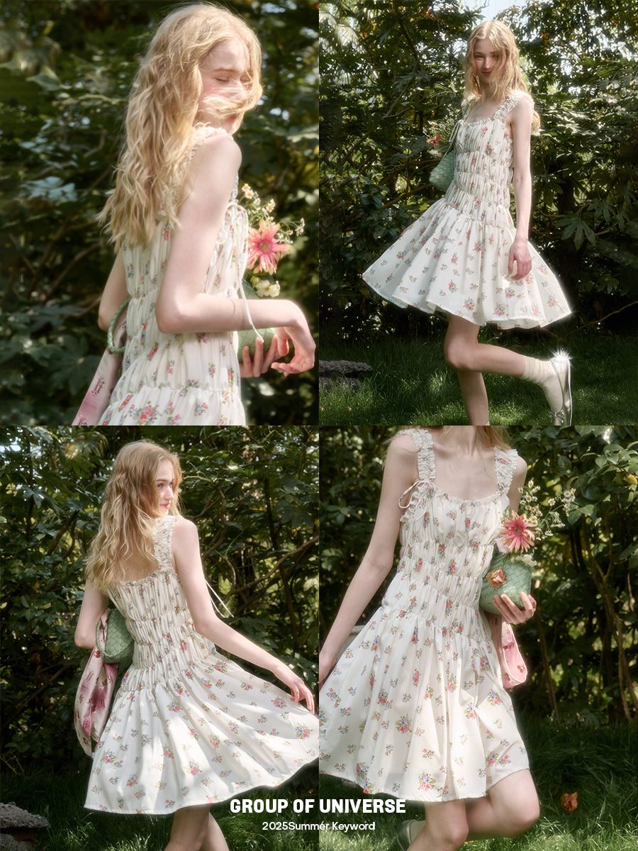 Asymmetric Floral Ruched Sleeveless Short Dress