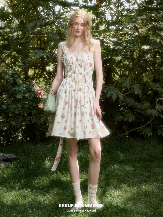 Asymmetric Floral Ruched Sleeveless Short Dress