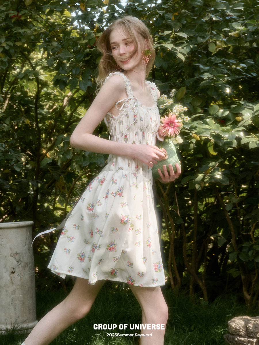 Asymmetric Floral Ruched Sleeveless Short Dress