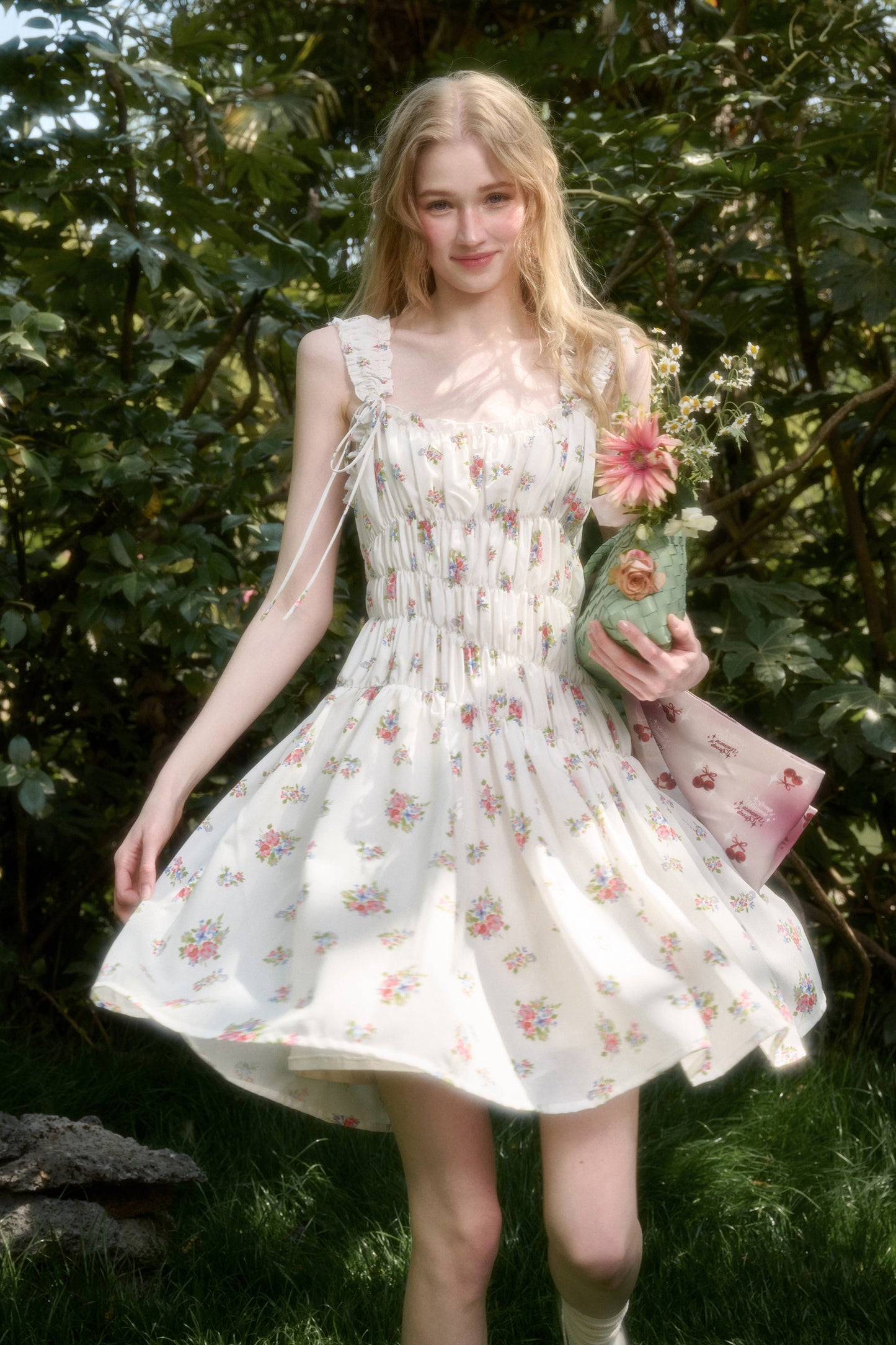 Asymmetric Floral Ruched Sleeveless Short Dress