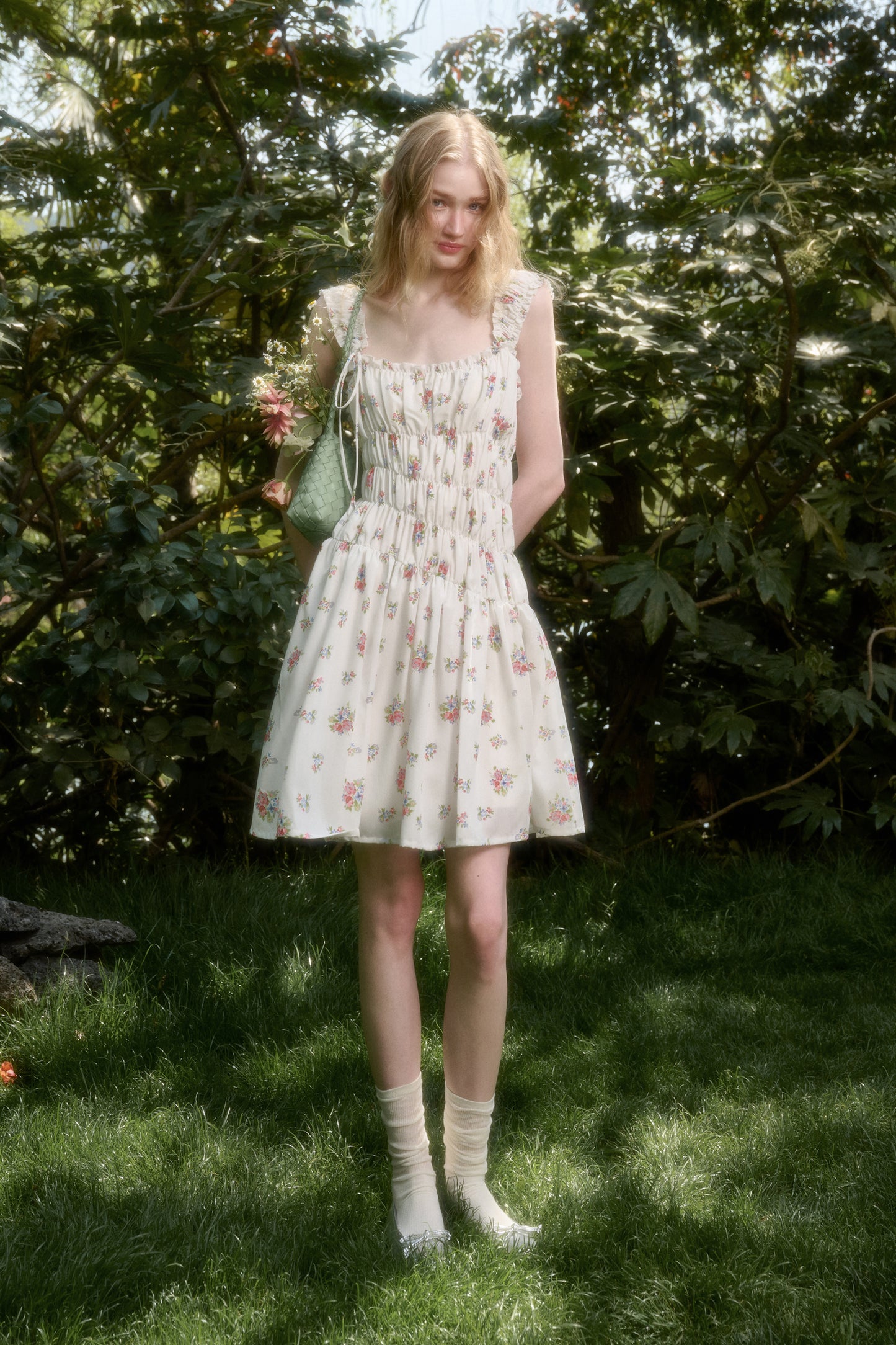Asymmetric Floral Ruched Sleeveless Short Dress