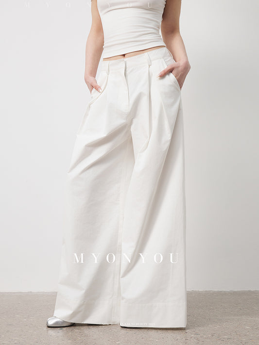 Light Wide-Leg Floor-Length Cotton Tuck Pants