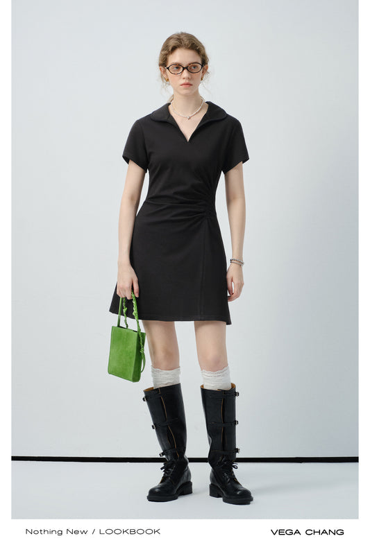 Gathered-Waist Round Collar Dress