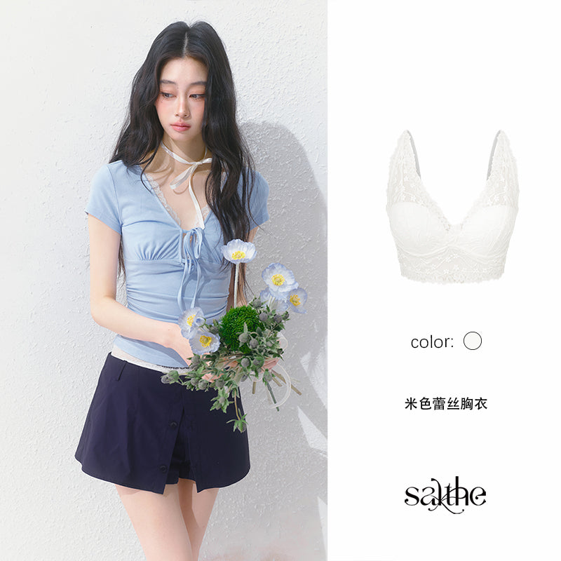 Tie Front Ruched Top And Wide Lace Bra