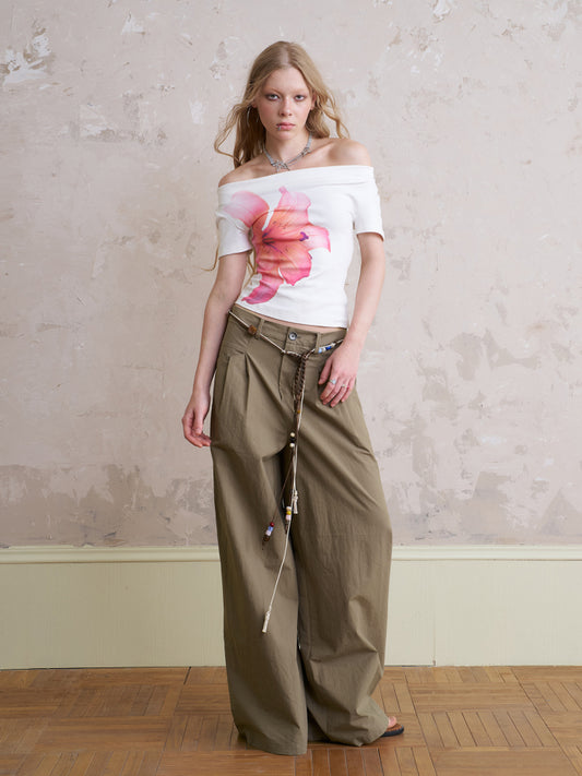 Wide-Leg Pants With Beaded Tie Belt