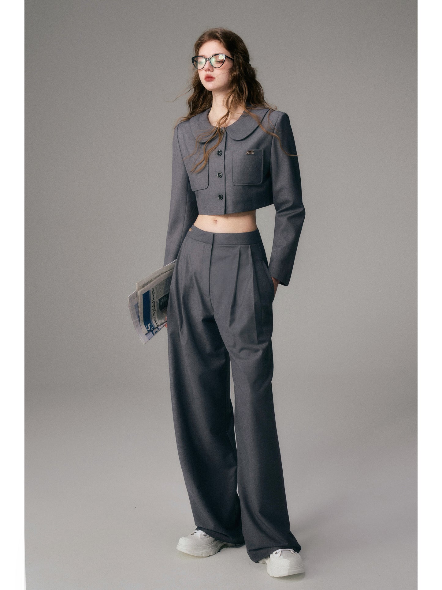 Straight Wide-Leg Tailored Pants With Logo Charm
