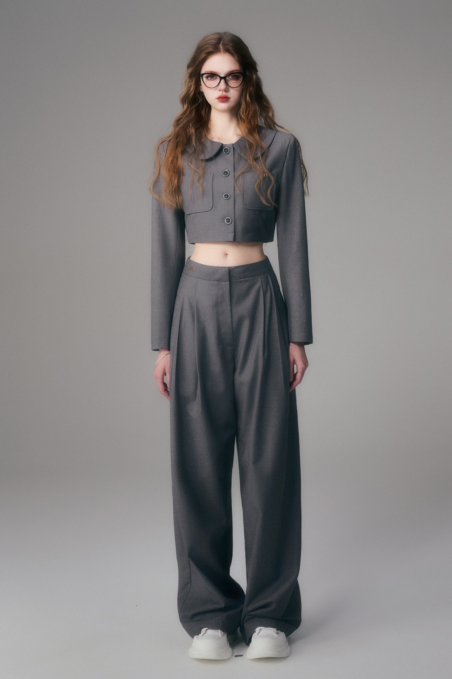 Straight Wide-Leg Tailored Pants With Logo Charm