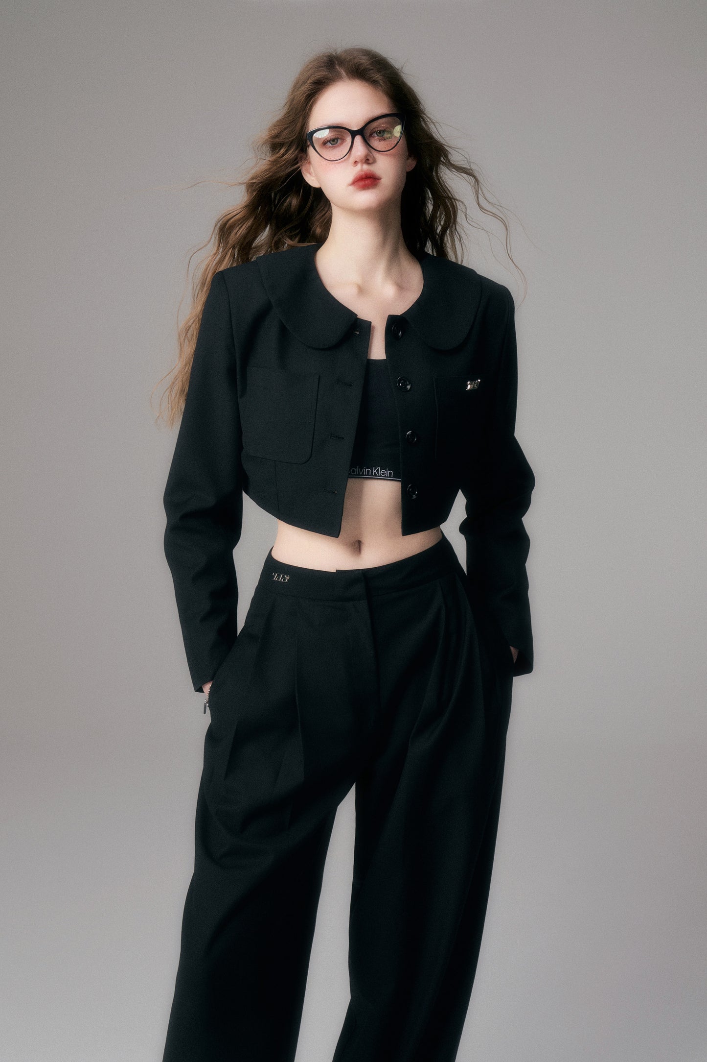 Straight Wide-Leg Tailored Pants With Logo Charm