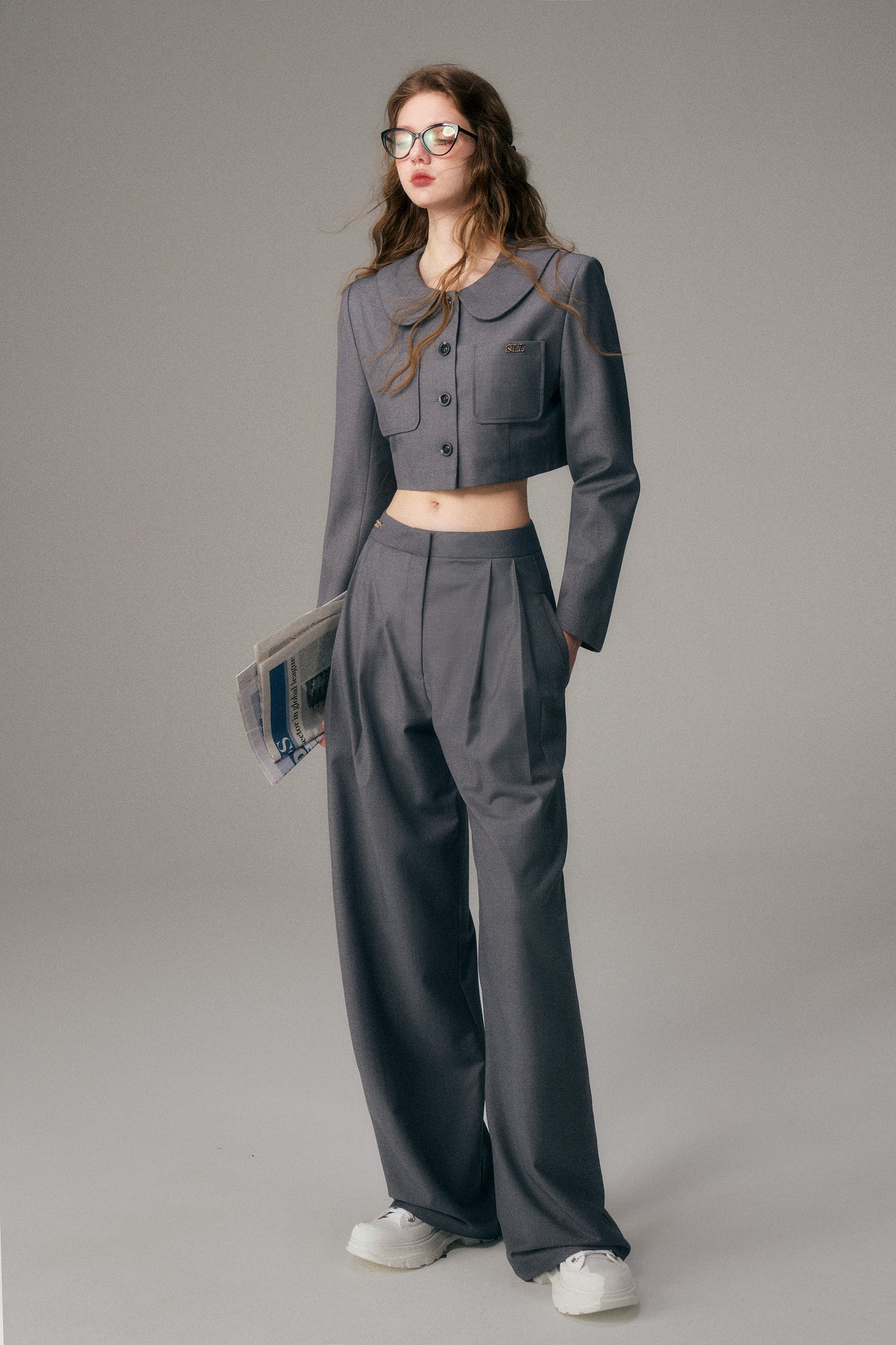 Straight Wide-Leg Tailored Pants With Logo Charm