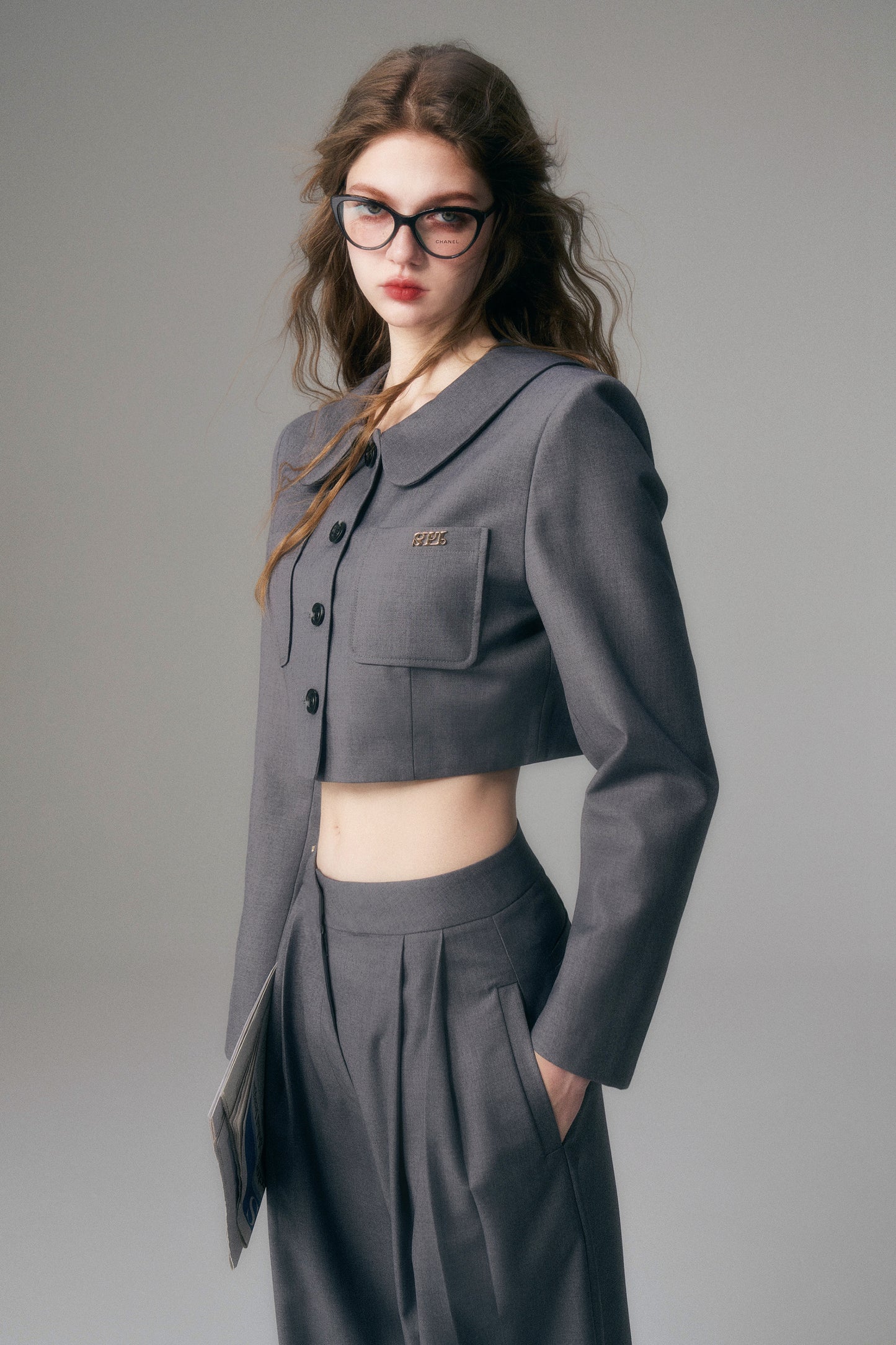Straight Wide-Leg Tailored Pants With Logo Charm