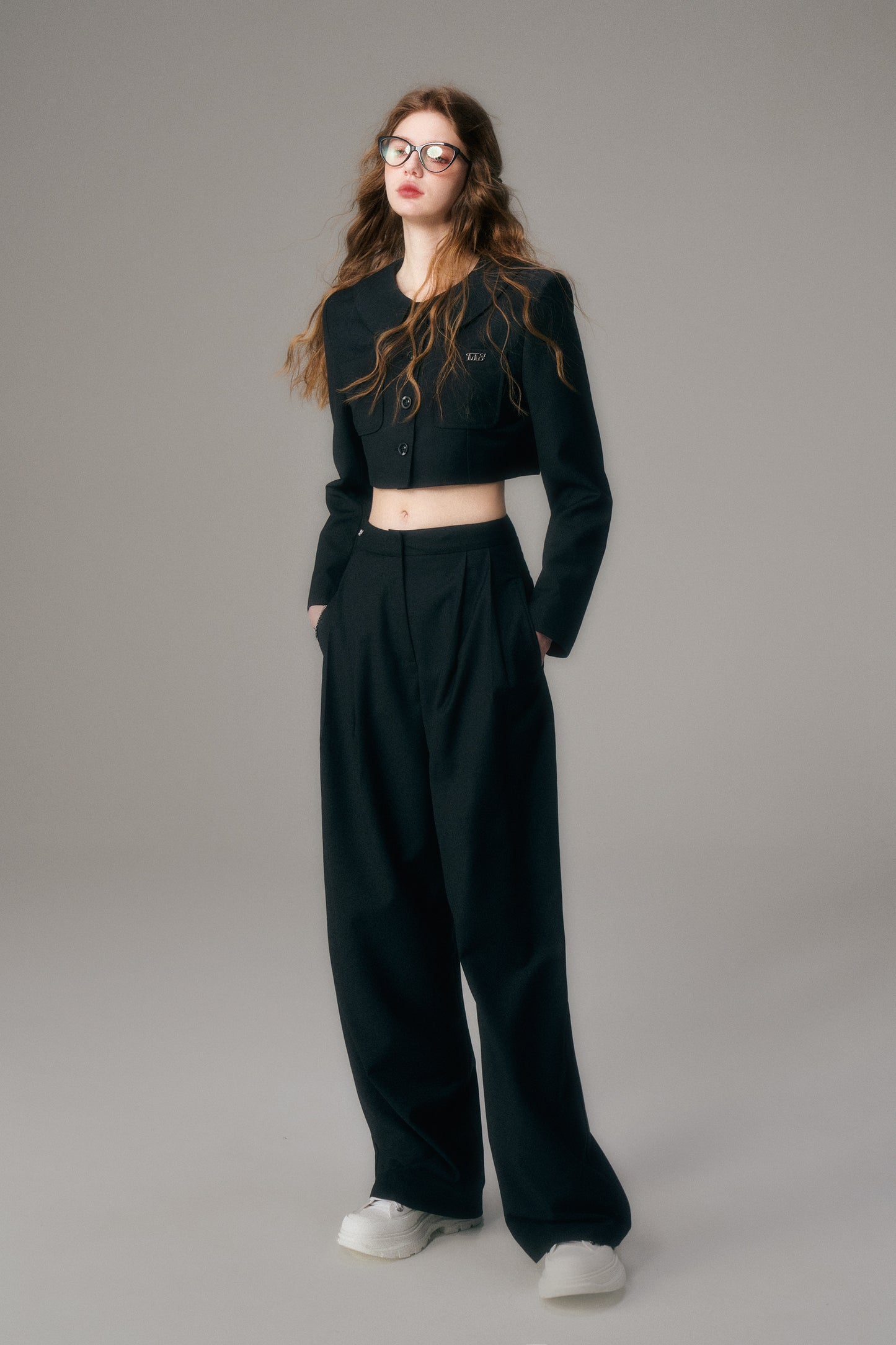 Straight Wide-Leg Tailored Pants With Logo Charm