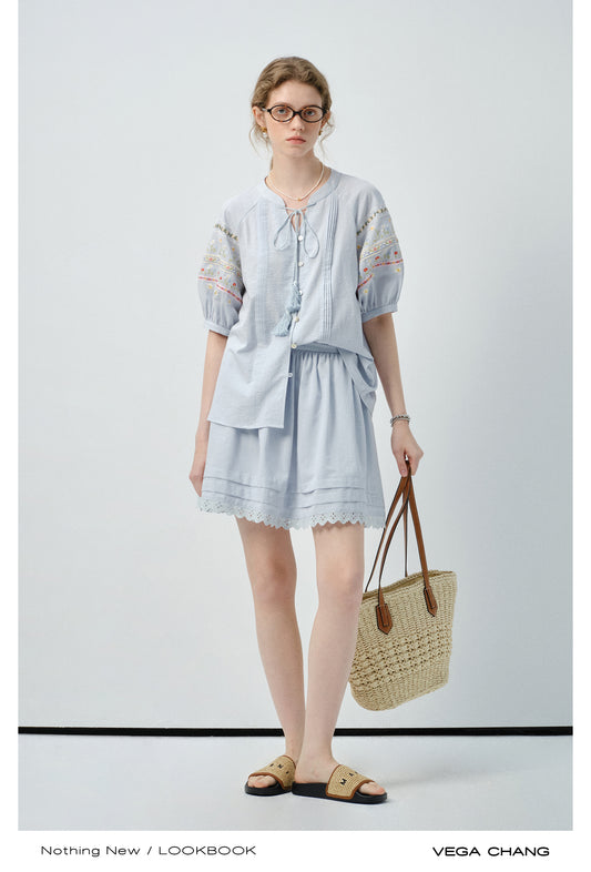 Floral-Embroidered Balloon-Sleeve Blouse & Matching Skirt