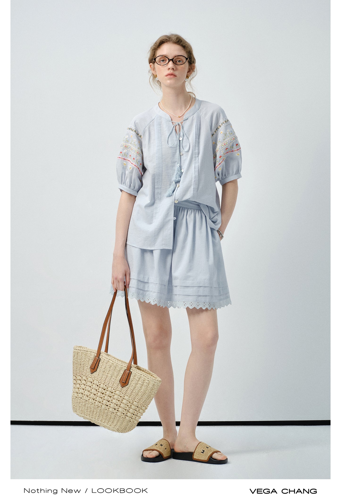 Floral-Embroidered Balloon-Sleeve Blouse & Matching Skirt