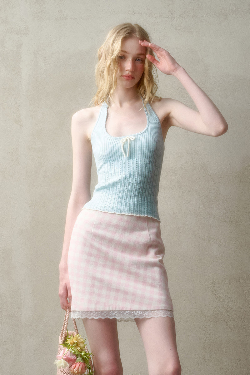 Two-Tone Pointelle Knit Halter Top