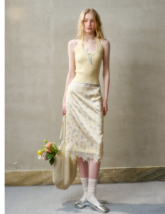 Two-Tone Pointelle Knit Halter Top