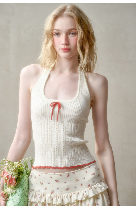 Two-Tone Pointelle Knit Halter Top