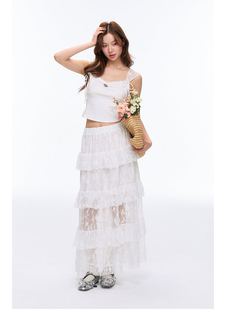 See-Through Lace Tiered Maxi Skirt