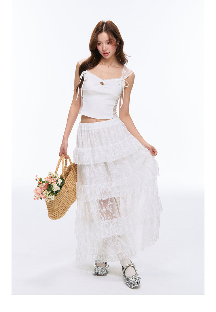 See-Through Lace Tiered Maxi Skirt