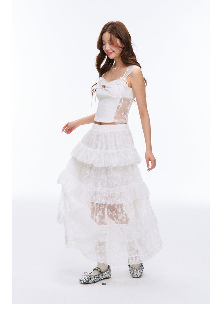 See-Through Lace Tiered Maxi Skirt