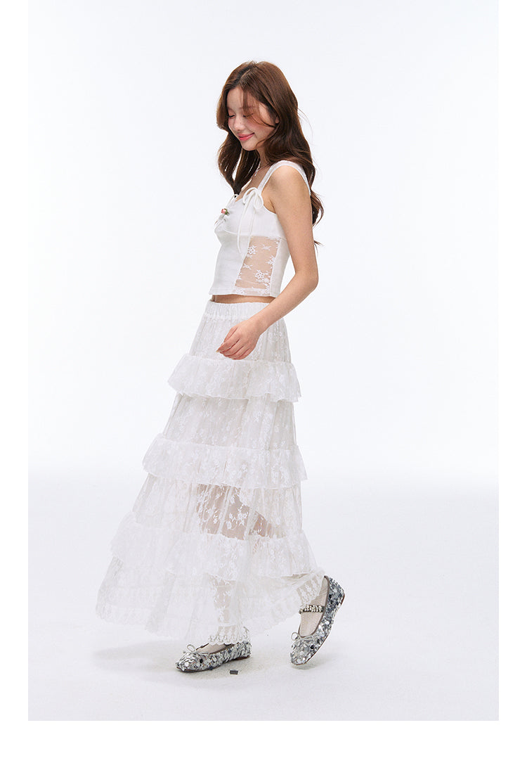 See-Through Lace Tiered Maxi Skirt