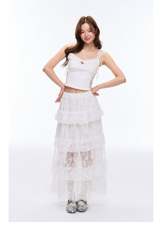 See-Through Lace Tiered Maxi Skirt