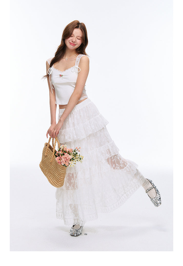 See-Through Lace Tiered Maxi Skirt