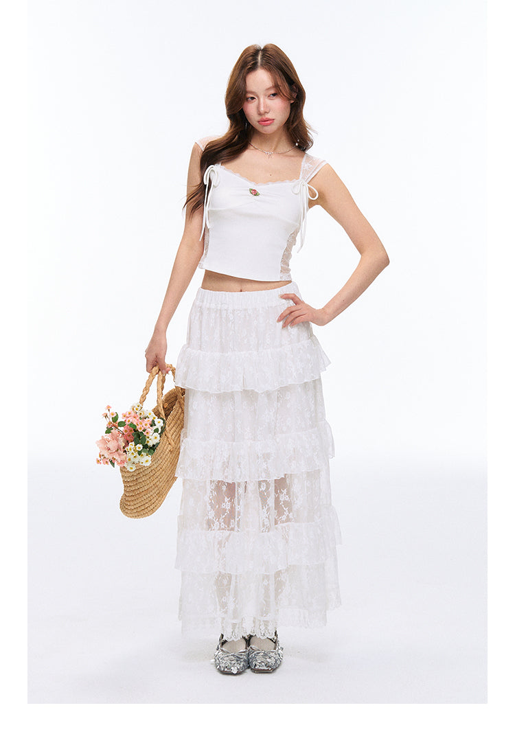 See-Through Lace Tiered Maxi Skirt