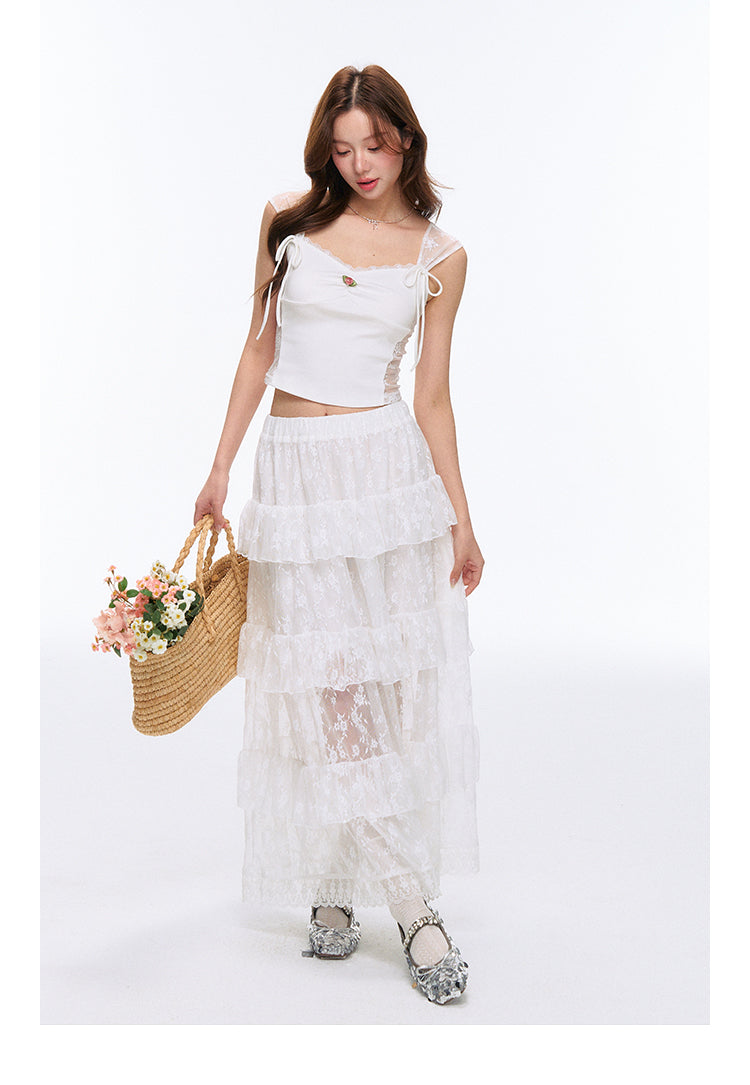 See-Through Lace Tiered Maxi Skirt