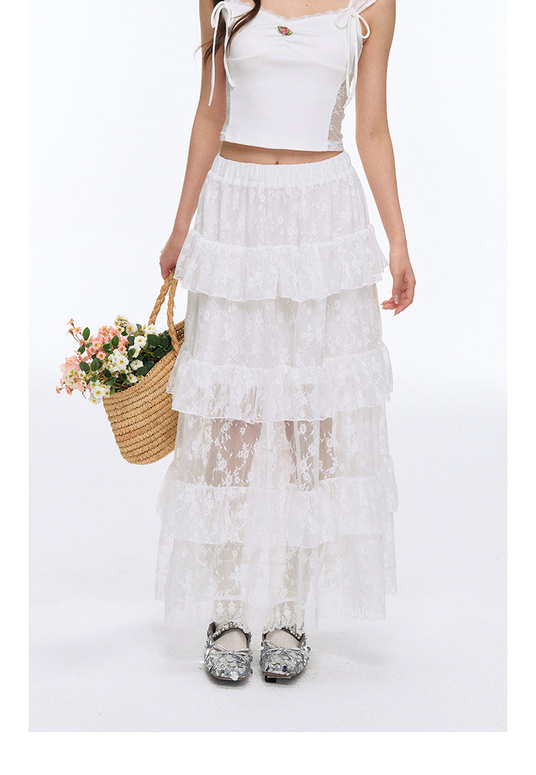 See-Through Lace Tiered Maxi Skirt