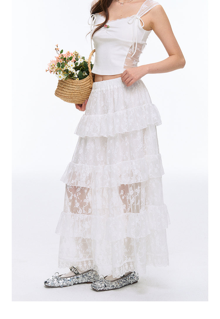 See-Through Lace Tiered Maxi Skirt