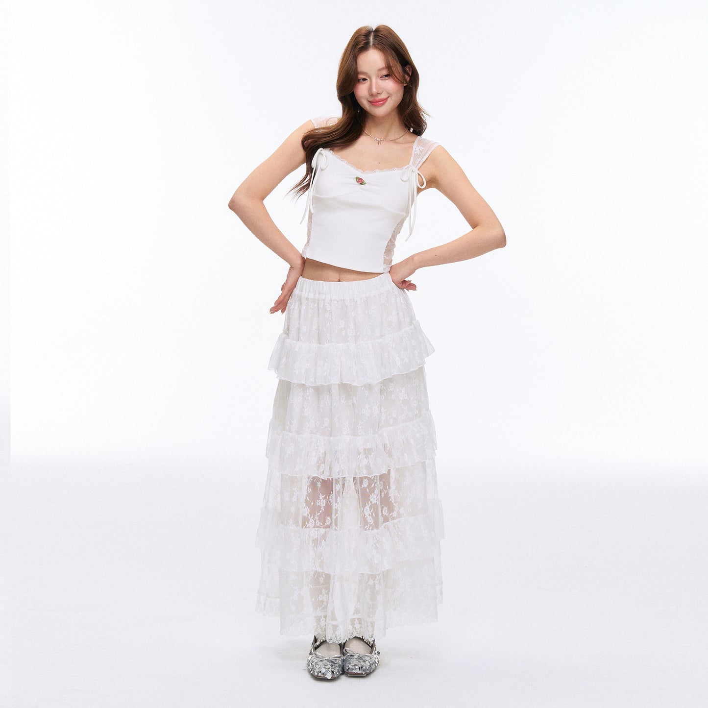 See-Through Lace Tiered Maxi Skirt