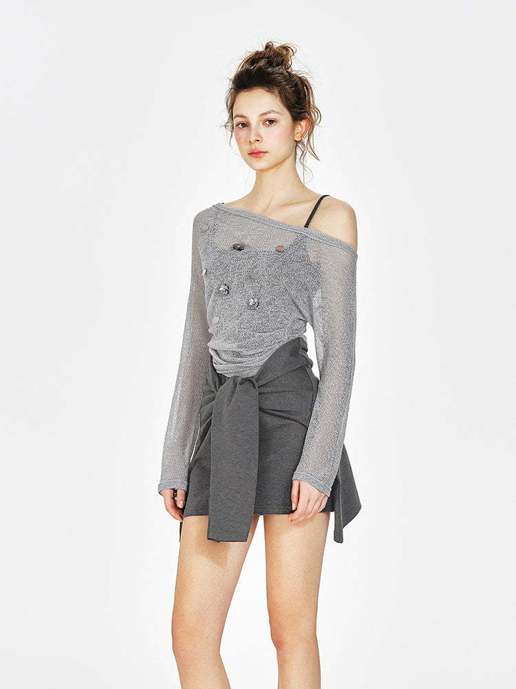 Off-Shoulder Sheer Top, Tie-Front Faux Layered Dress