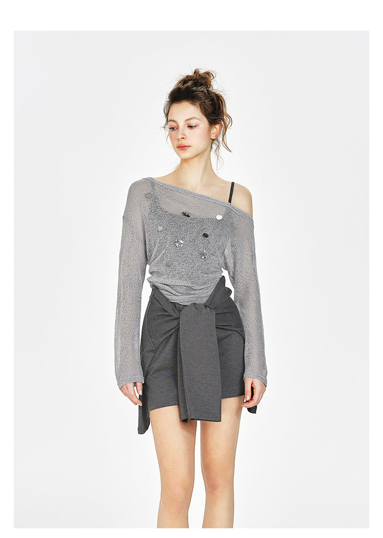 Off-Shoulder Sheer Top, Tie-Front Faux Layered Dress