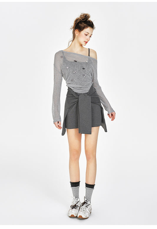 Off-Shoulder Sheer Top, Tie-Front Faux Layered Dress