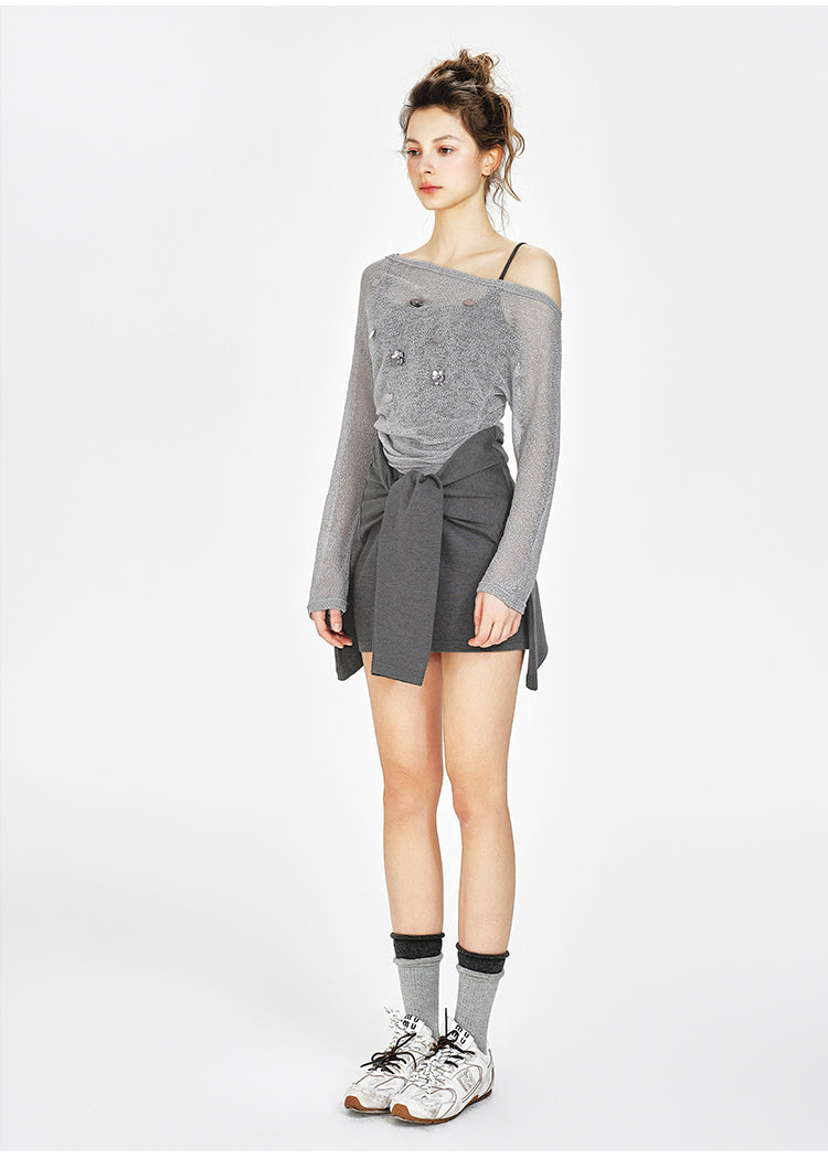Off-Shoulder Sheer Top, Tie-Front Faux Layered Dress