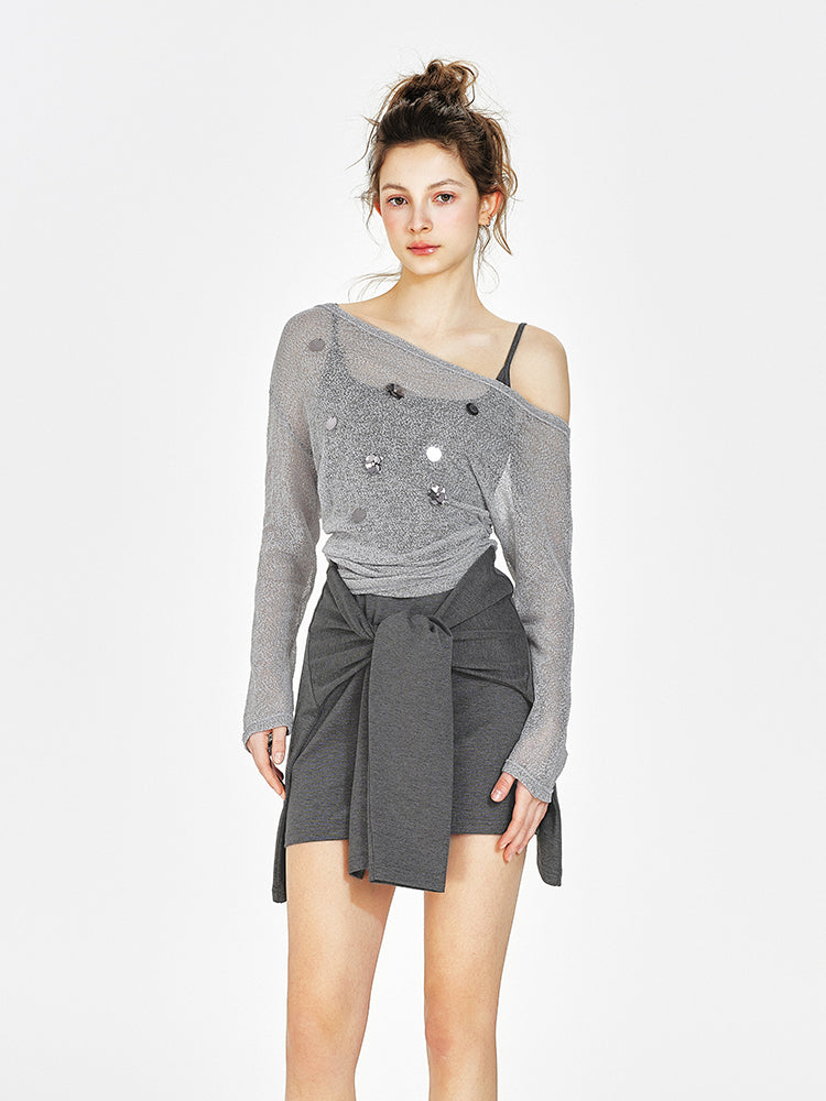 Off-Shoulder Sheer Top, Tie-Front Faux Layered Dress
