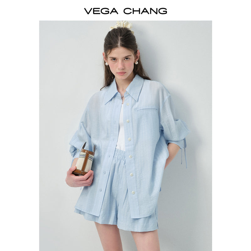 Ribbon-Cuff Shirt & Shorts In Lyocell-Nylon Blend