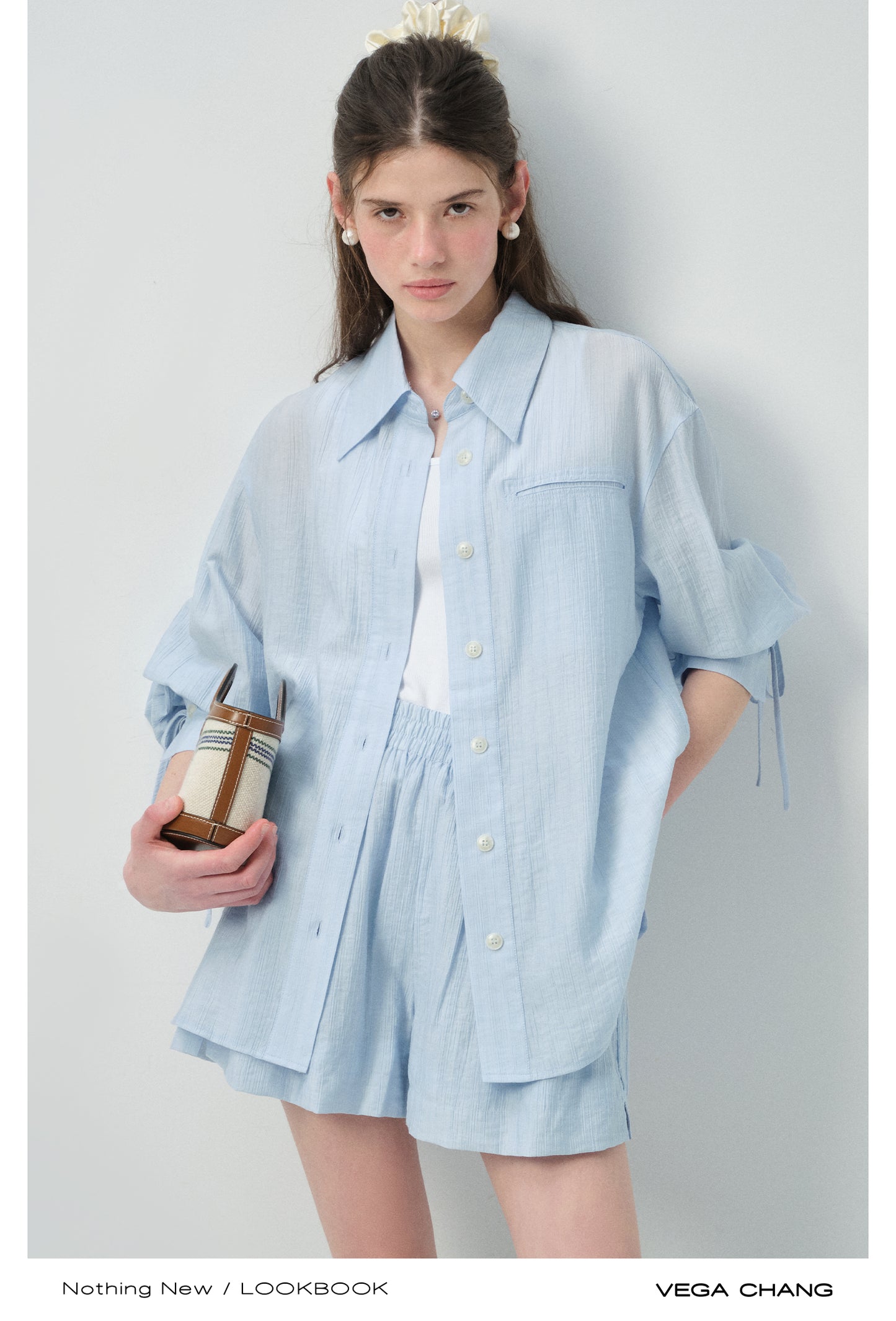 Ribbon-Cuff Shirt & Shorts In Lyocell-Nylon Blend