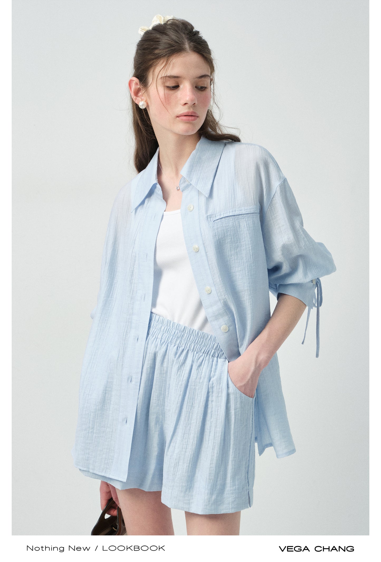 Ribbon-Cuff Shirt & Shorts In Lyocell-Nylon Blend