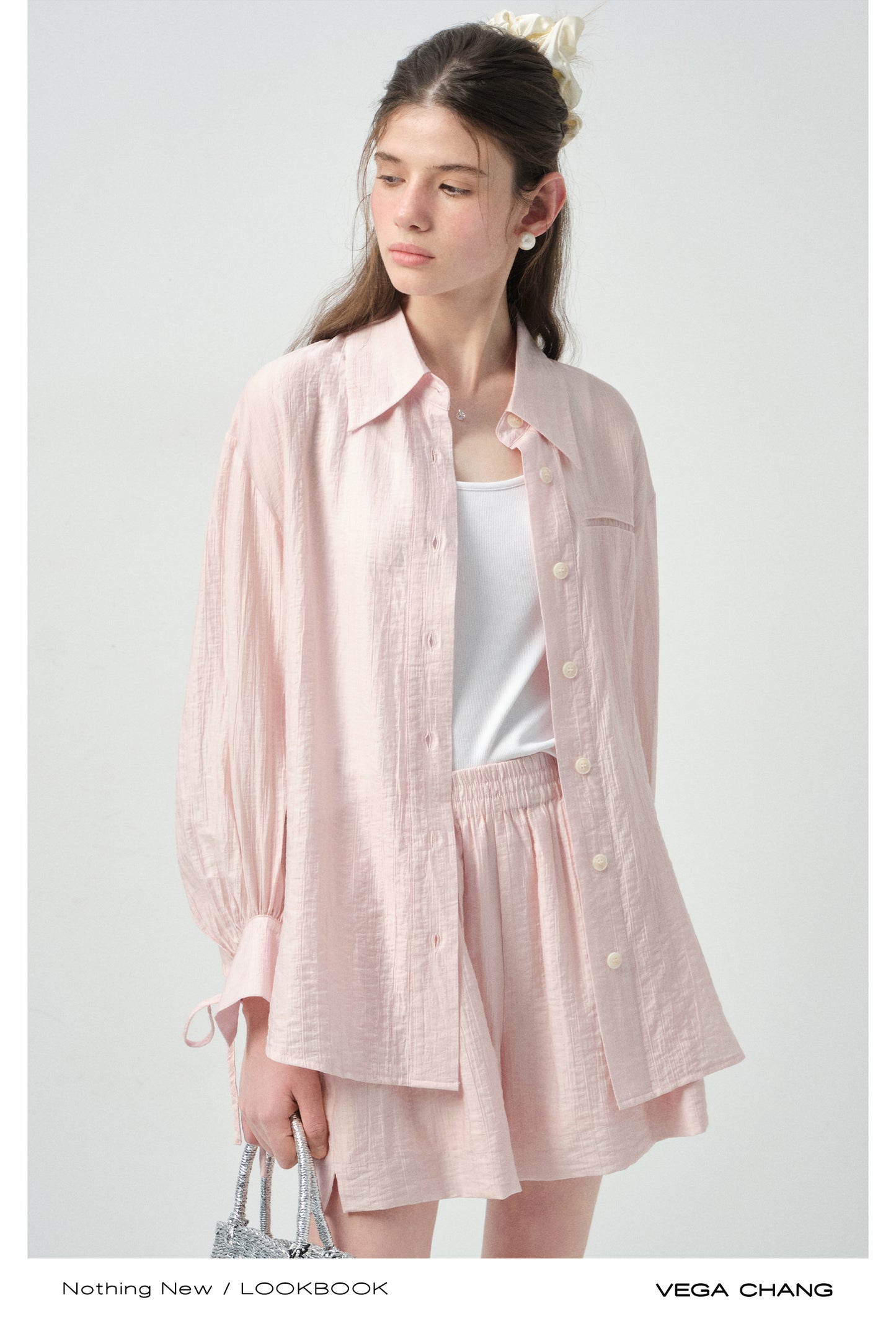 Ribbon-Cuff Shirt & Shorts In Lyocell-Nylon Blend